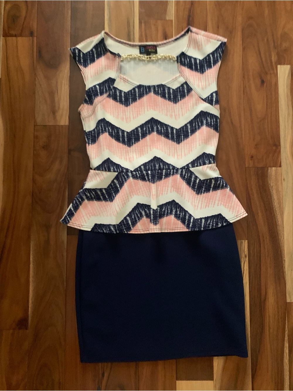 Chevron Peplum Midi Dress in Pink and Navy -